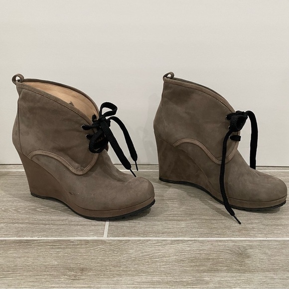 Antica Cuoieria Suede Taupe Neutral Platform Wedge Retro Lace Up Bootie. - Picture 8 of 10